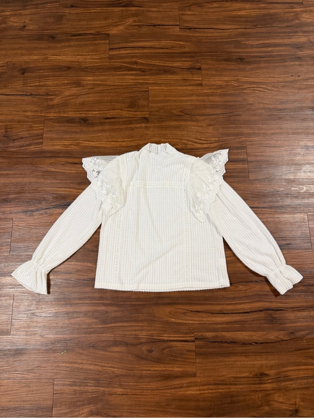 Lace-Trim High Neck Blouse - White